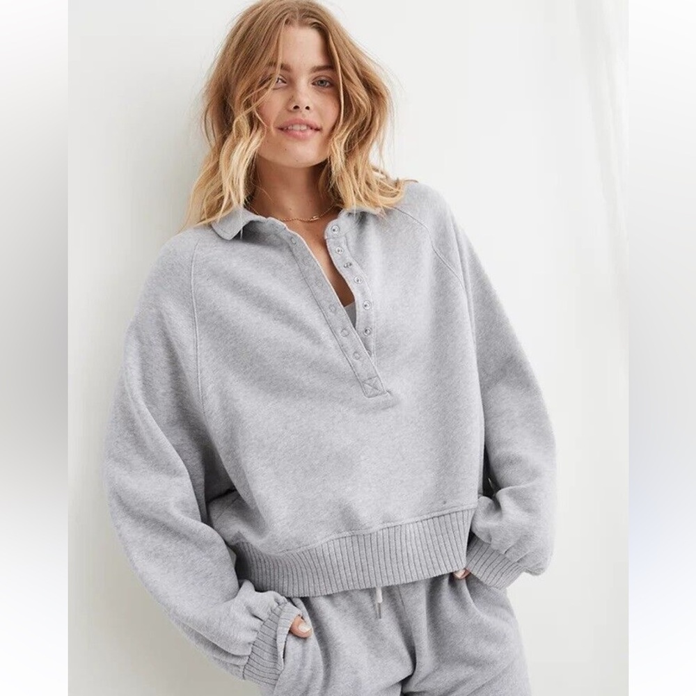 Aerie Light Gray Button-Up Sweatshirt
